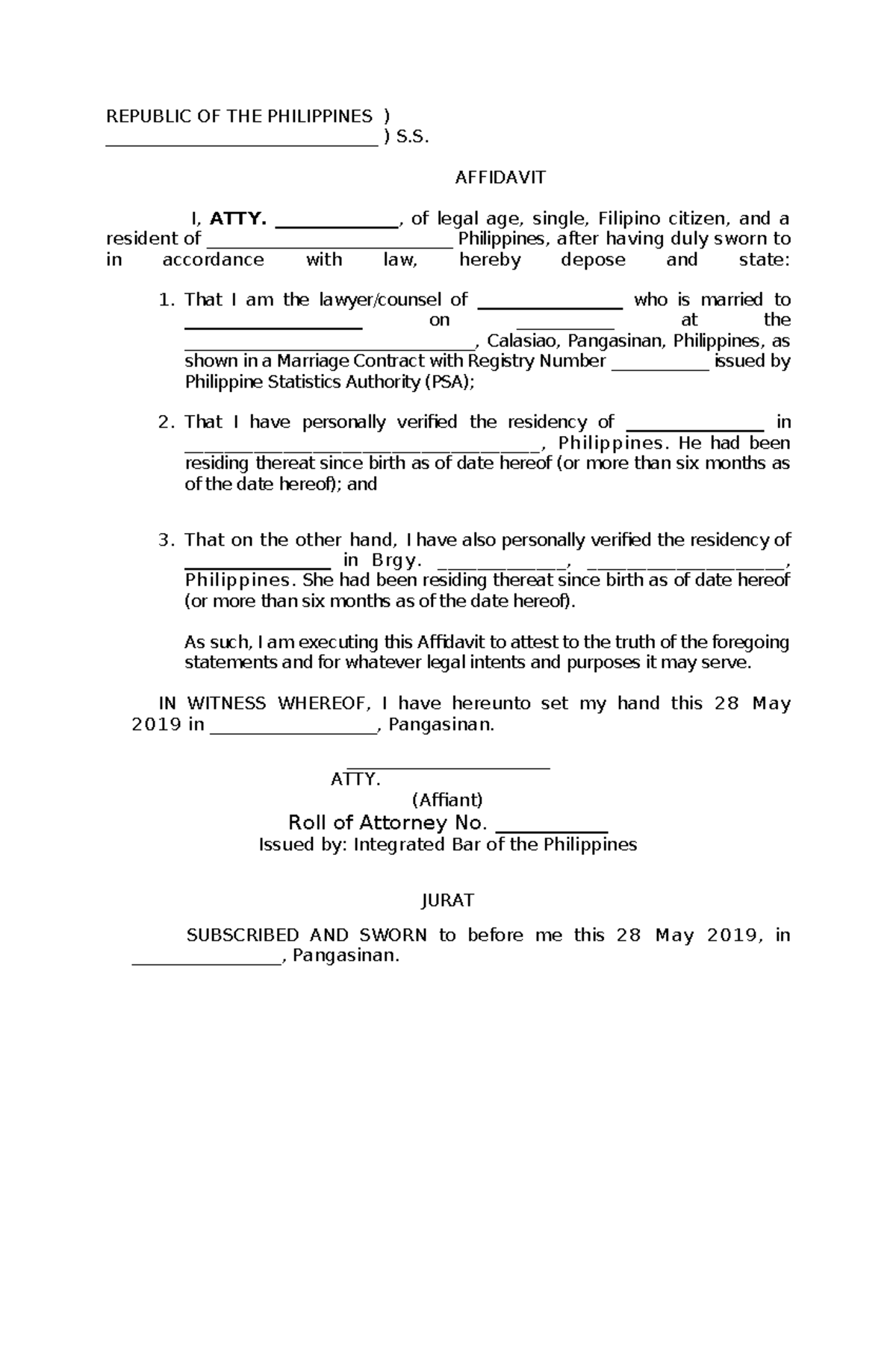 Affidavit Of Residency Of Counsel- Template - Republic Of The 