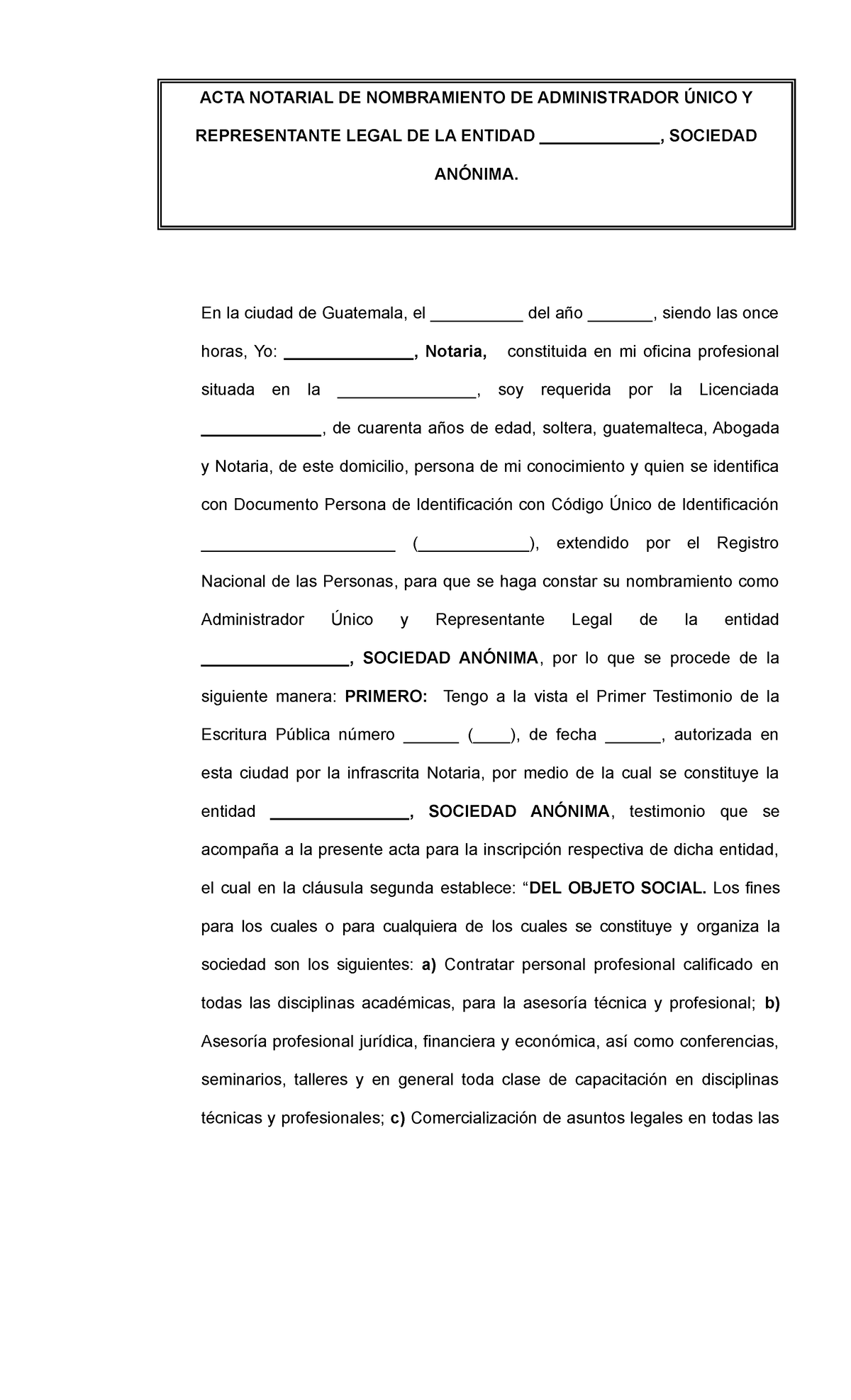 Acta Notarial De Nombramiento Administrador Unico En La Ciudad De