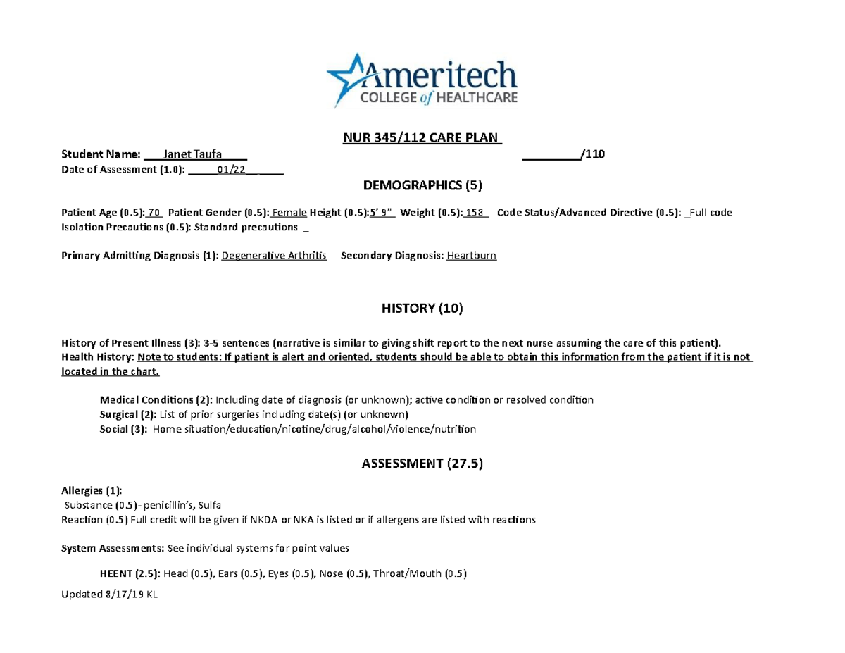 Care Plan 1 care plan; dont put my name on it NUR 345/112 CARE PLAN