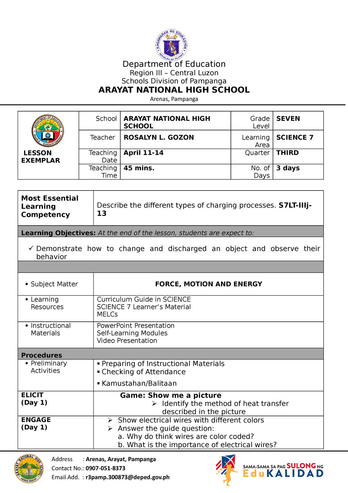 April 11-14 - 7E LESSON EXEMPLAR - ** Department of Education Region ...