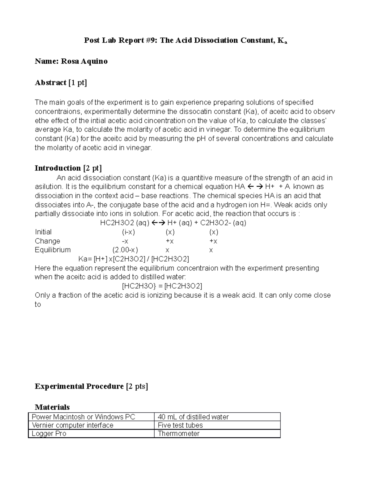 Post Lab Report 9 The acid dissociation constant Ka Post Lab Report