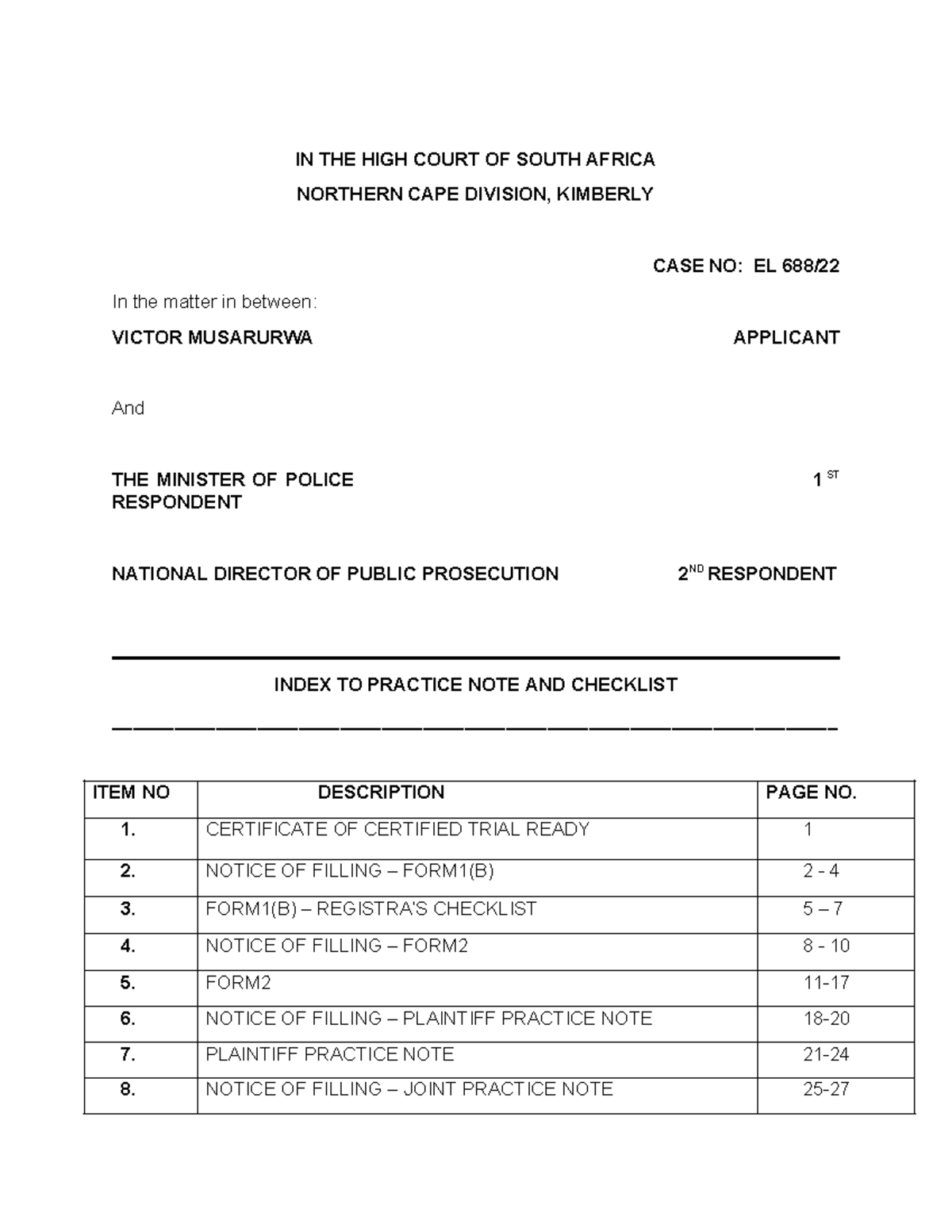 Notices - Index for practice note VIctor msarurwa - IN THE HIGH COURT ...