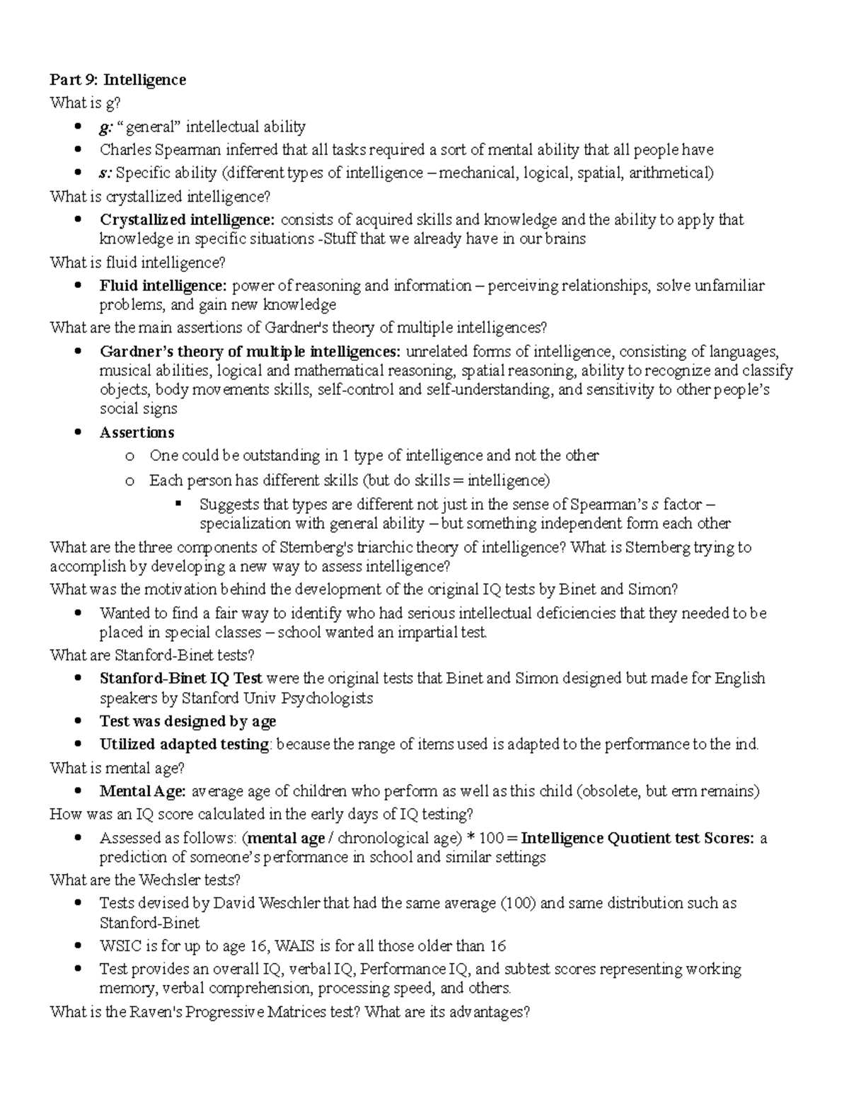 Chapter 9 - Lecture notes - Part 9: Intelligence What is g?  g: “general”  intellectual ability  - StuDocu