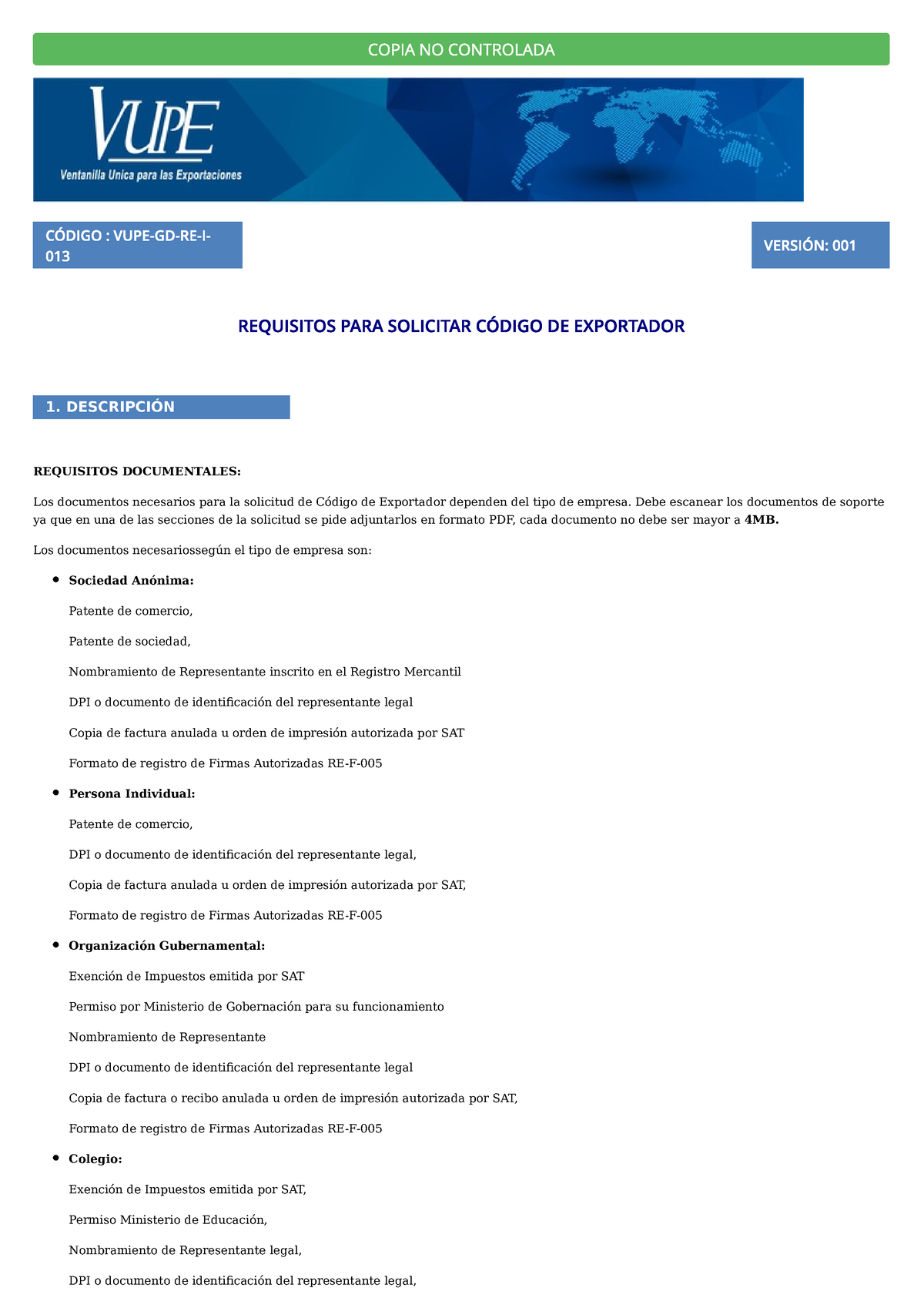 Requisitos Para La Solicitud De Código De Exportador Agexport 1 DescripciÓn Requisitos 8244