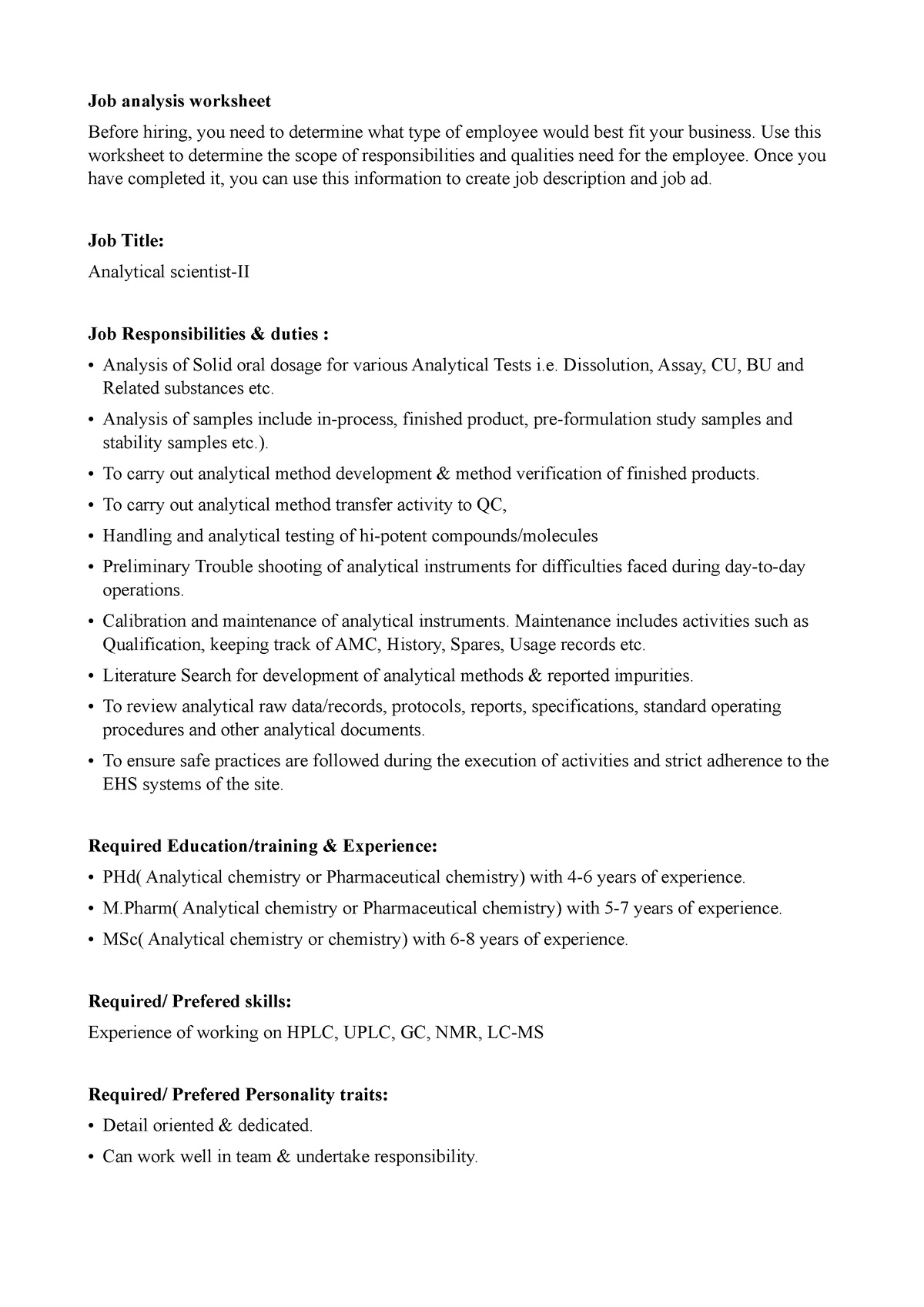 Job analysis worksheet - Job analysis worksheet Before hiring, you need ...