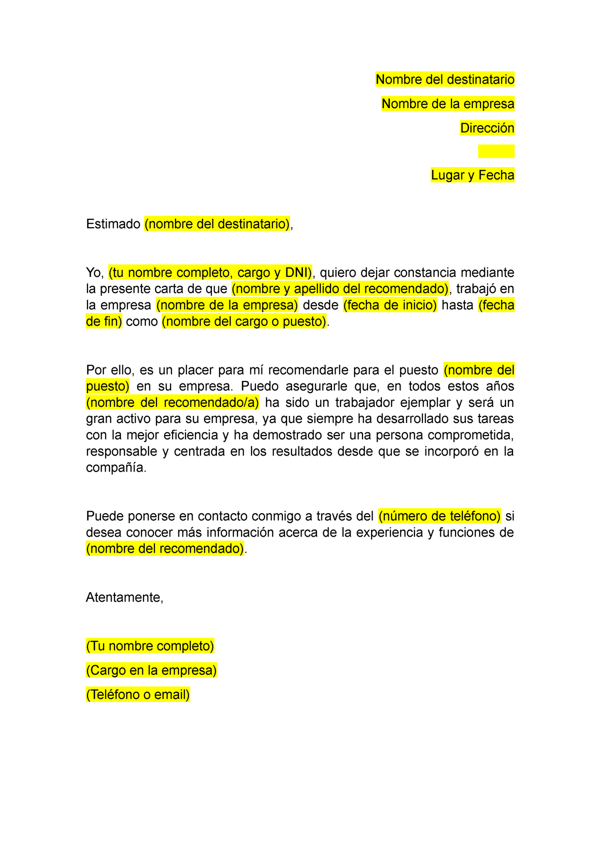 Carta De Recomendacion Laboral - Nombre Del Destinatario Nombre De La ...