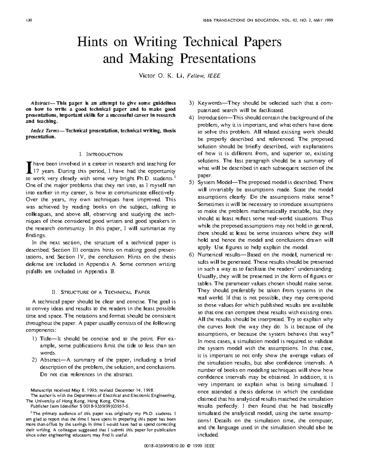 Writing tips - ECMC0057 - 134 IEEE TRANSACTIONS ON EDUCATION, VOL. 42 ...