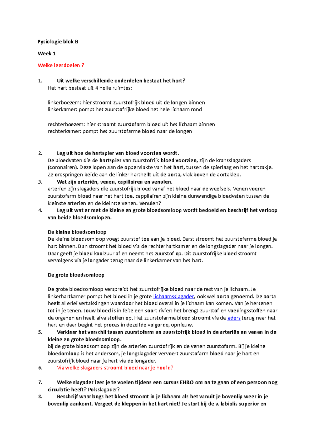 Fysiologie Blok B - Aantekeningen - Fysiologie Blok B Week 1 Welke ...