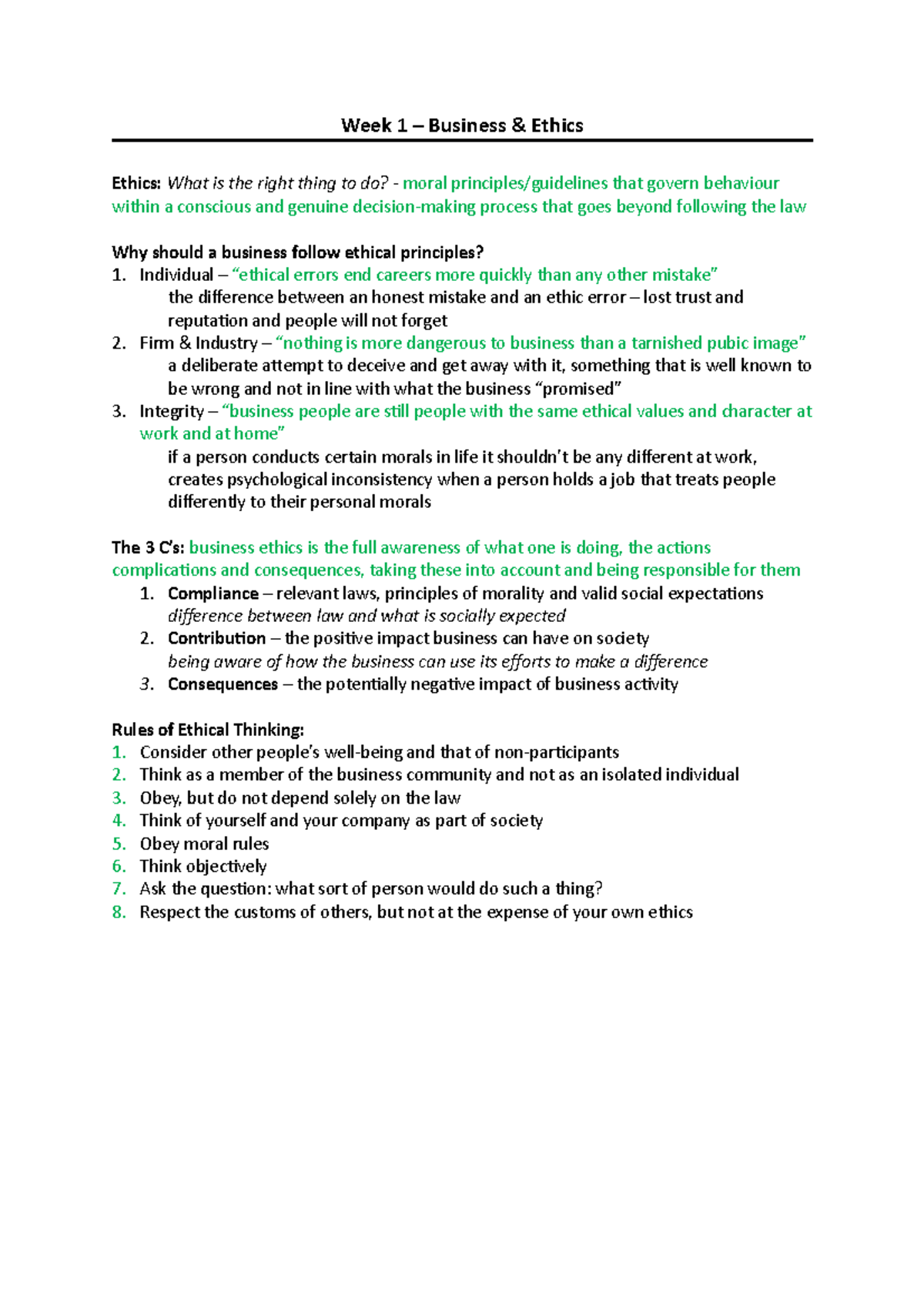 BUSS604 Lecture Notes - Week 1 – Business & Ethics Ethics: What is the ...