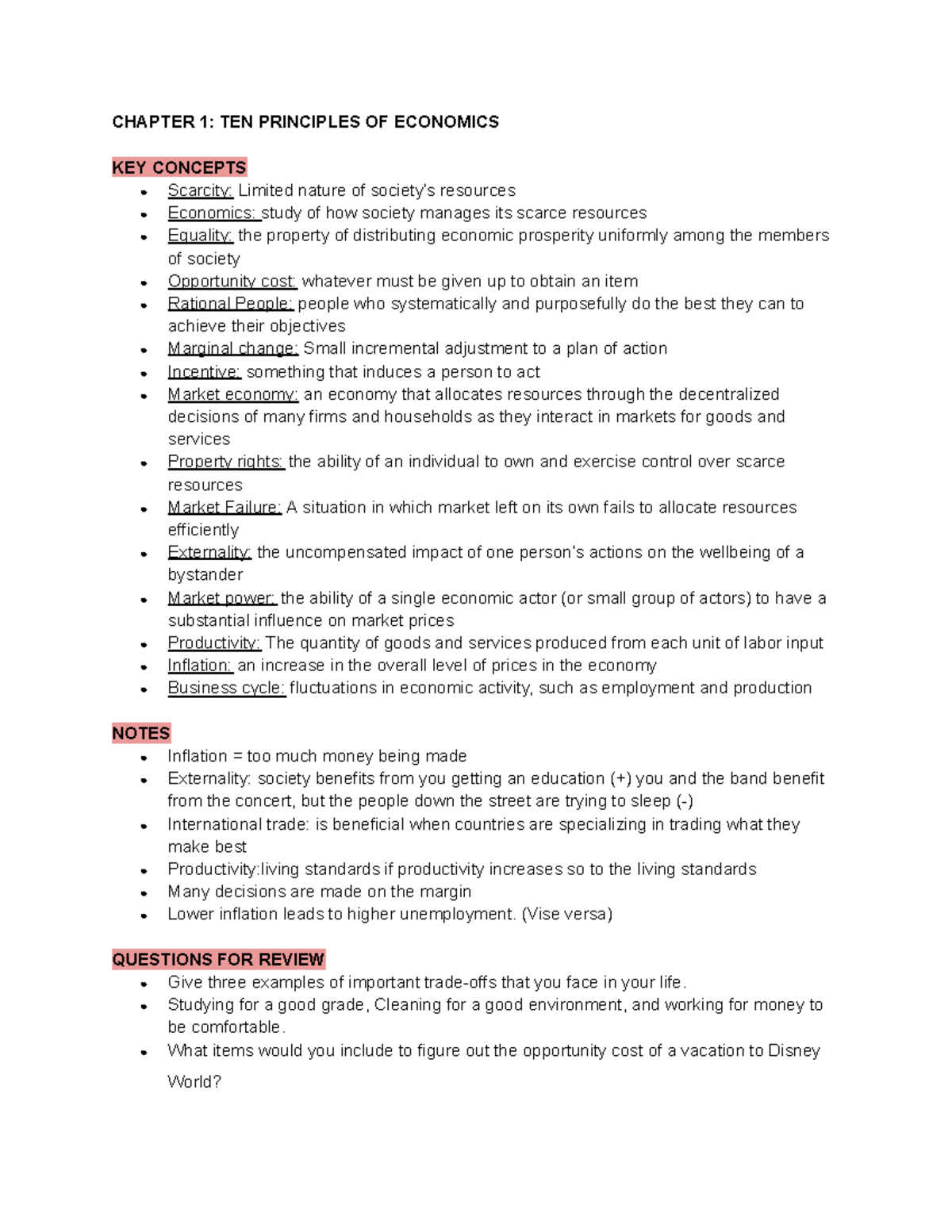 Notes For Macroeconomics - CHAPTER 1: TEN PRINCIPLES OF ECONOMICS KEY ...