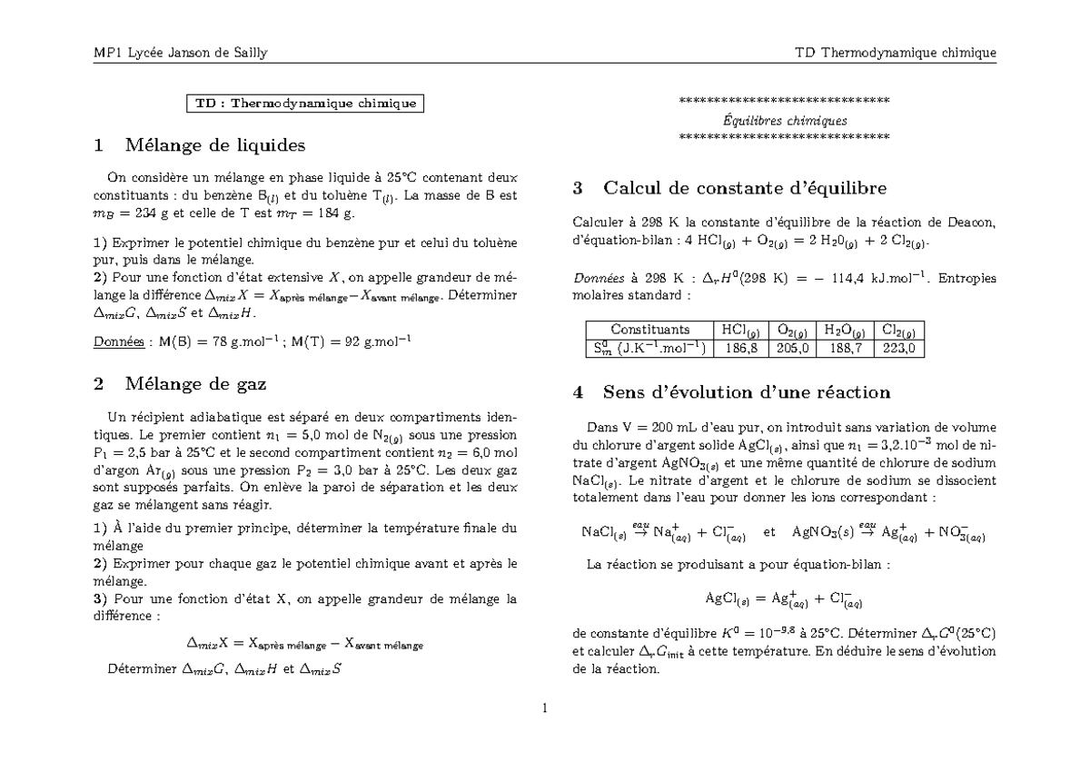 Download - Physico-Chimie Des Materiaux - TD : Thermodynamique Chimique ...