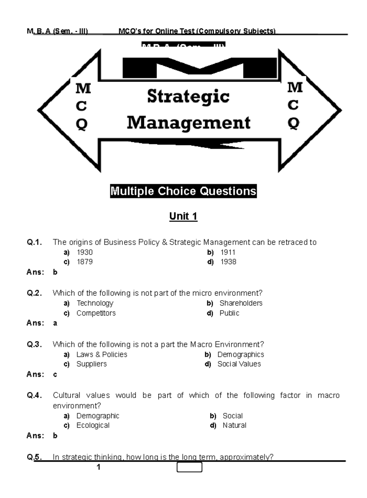 301 Strategic Management MCQ - M. (Sem. - III) Compulsory Subjects ...