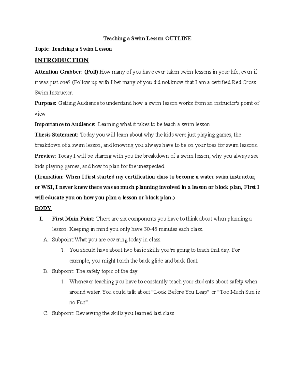 Teaching a swim lesson Outline Teaching a Swim Lesson OUTLINE Topic