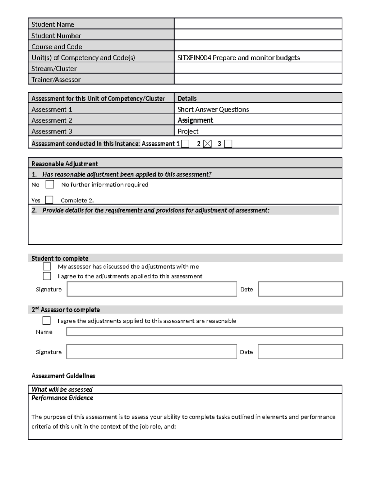 Sitxfin 004 Assessment 2 Assignment 2 - Student Name Student Number ...