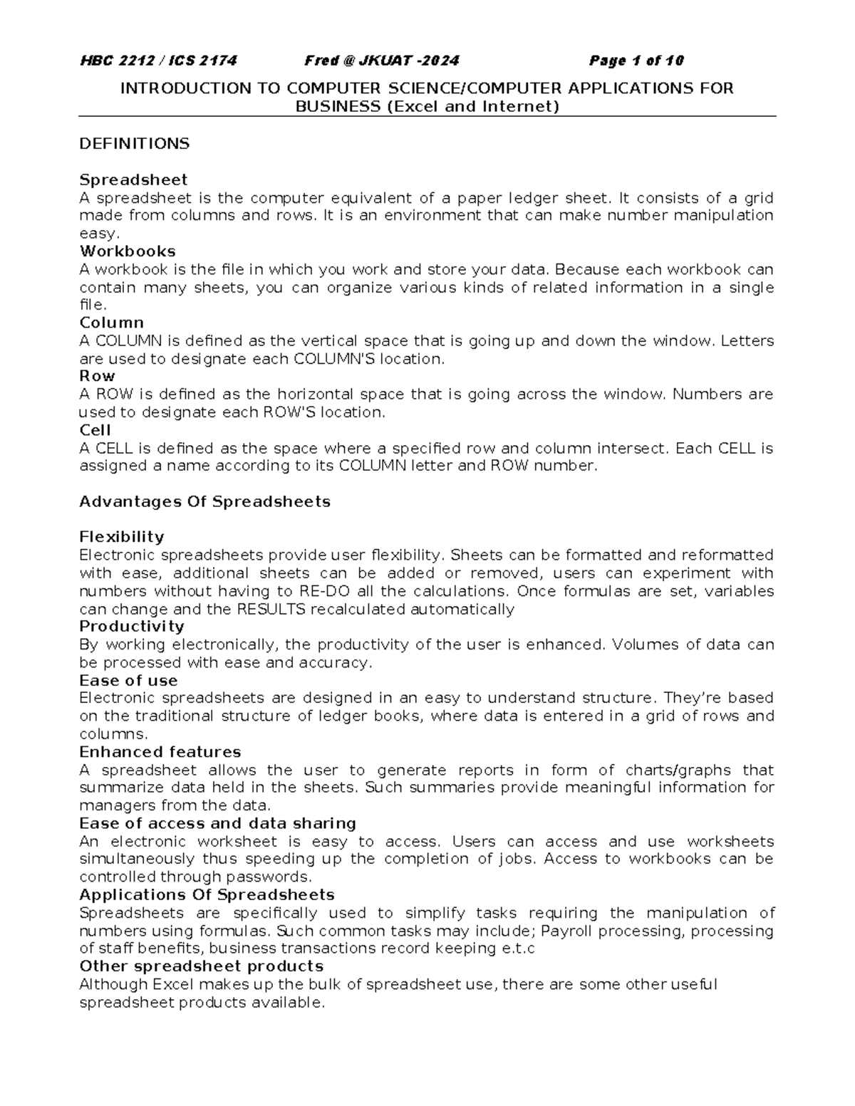1 Excel n Internet - INTRODUCTION TO COMPUTER SCIENCE/COMPUTER ...