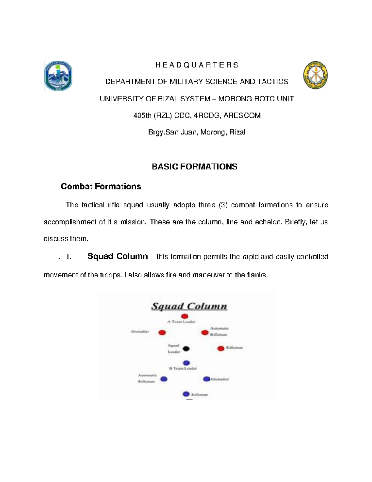 Basic UNIT Formation - INFORMATIVE - H E A D Q U A R T E R S DEPARTMENT ...
