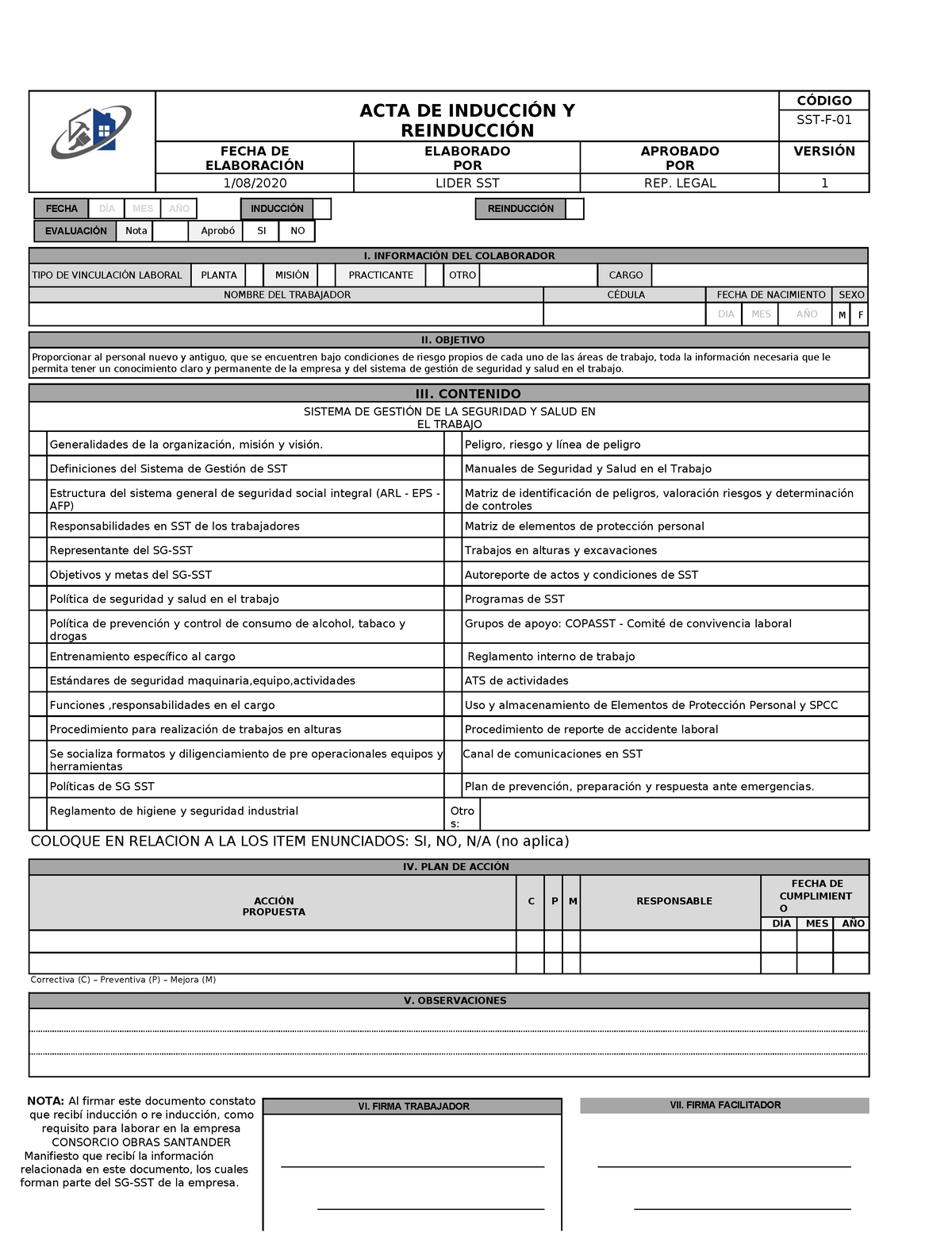 SST-F-03 Acta De Induccion Y Reinduccion - ACTA DE INDUCCIÓN Y ...