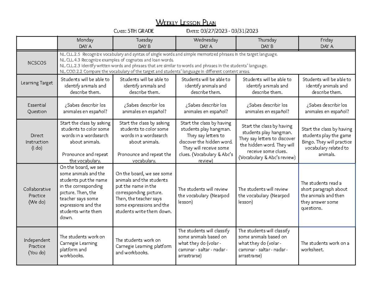 WEEK 13 - Semester 2 - 5TH Grade - WEEKLY LESSON PLAN CLASS: 5TH GRADE ...