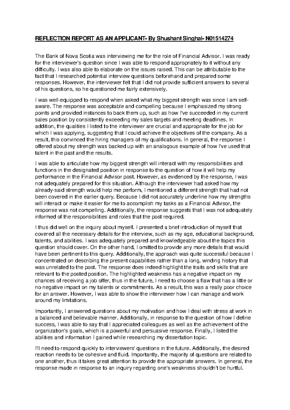 Refelection report- applicant - REFLECTION REPORT AS AN APPLICANT- By ...