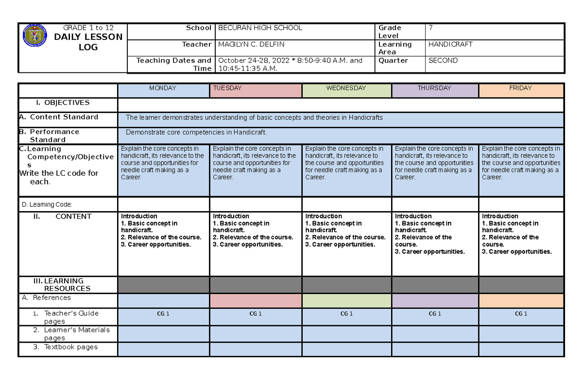 DLL-handicr AFT 7 2ND- Quarter-WEEK-1 - GRADE 1 to 12 DAILY LESSON LOG ...