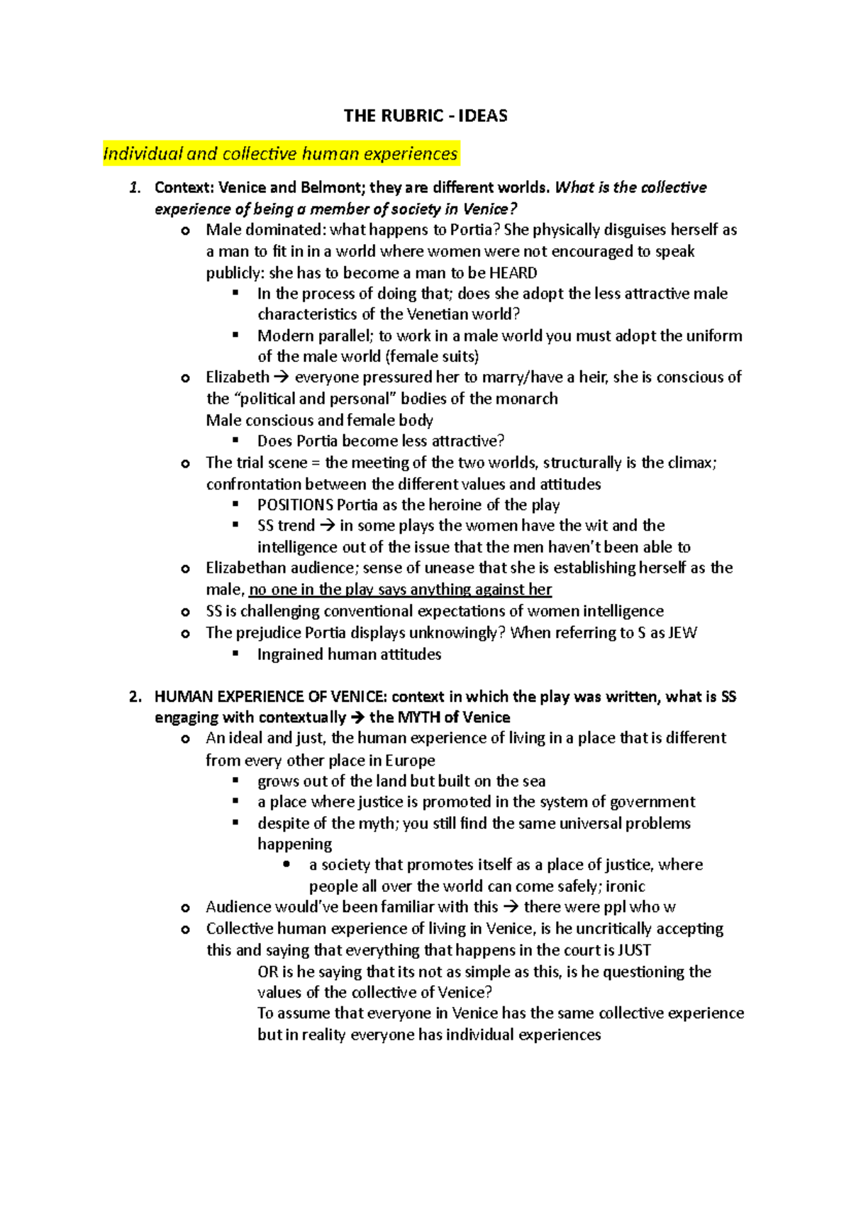 Human experience in Mo V THE RUBRIC IDEAS Individual and collective human experiences