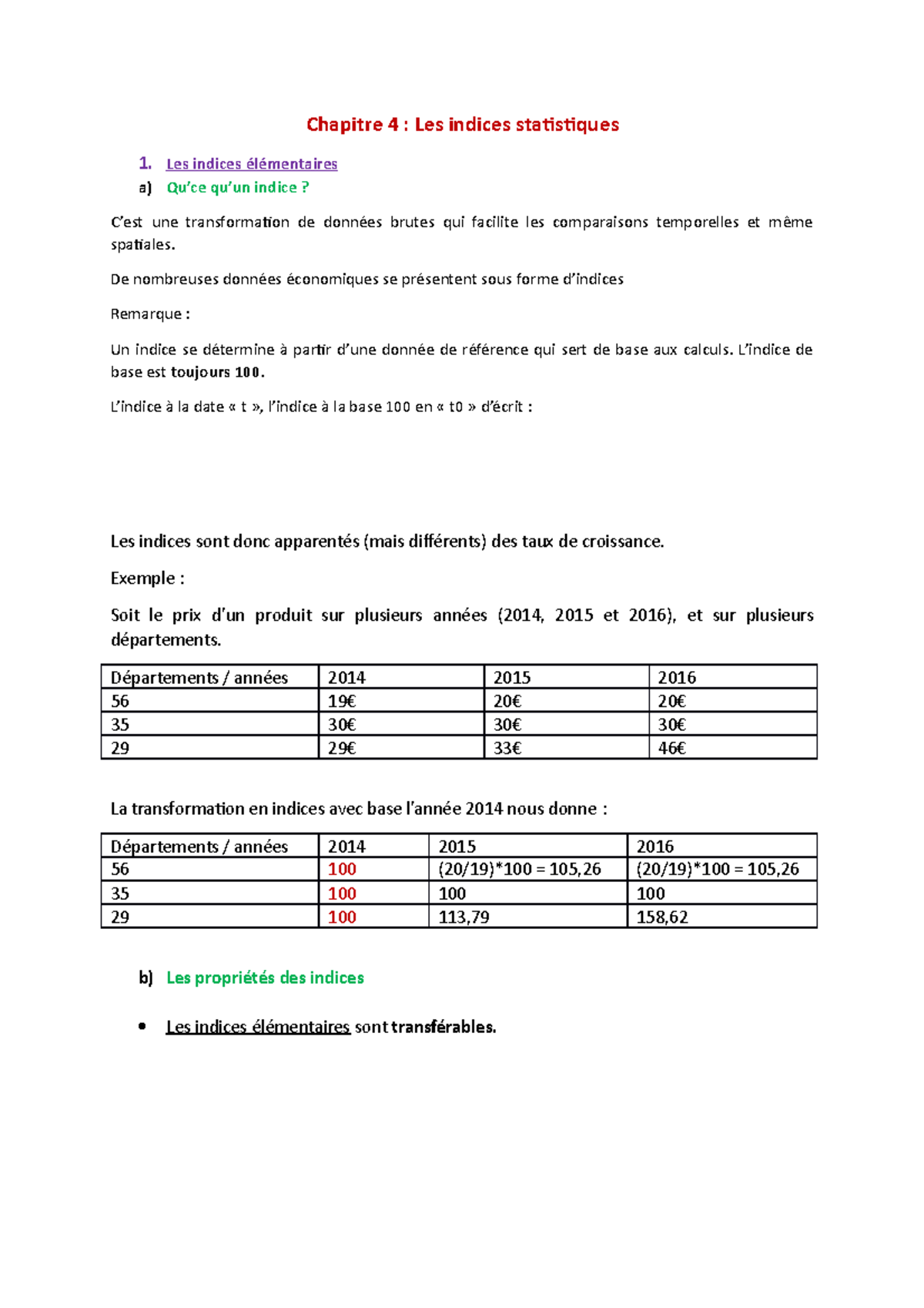Indice Simple En Base 100 Exercice Corrigé Traitement statistique 4 - Chapitre 4 : Les indices statistiques Les indices  élémentaires a) Qu'ce - Studocu