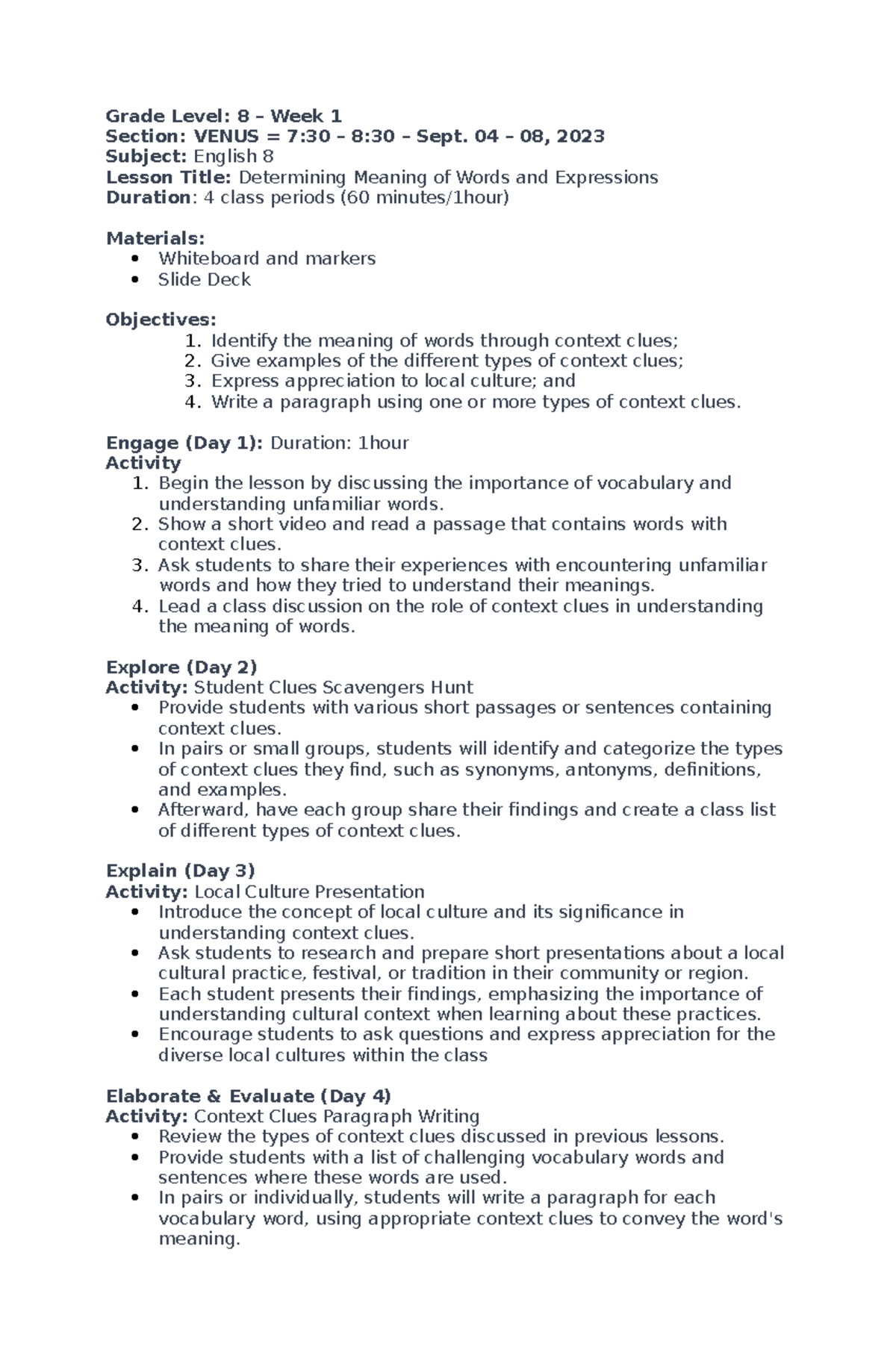 1st Week - Daily Lesson Plan for English 8 - Grade Level: 8 – Week 1 ...