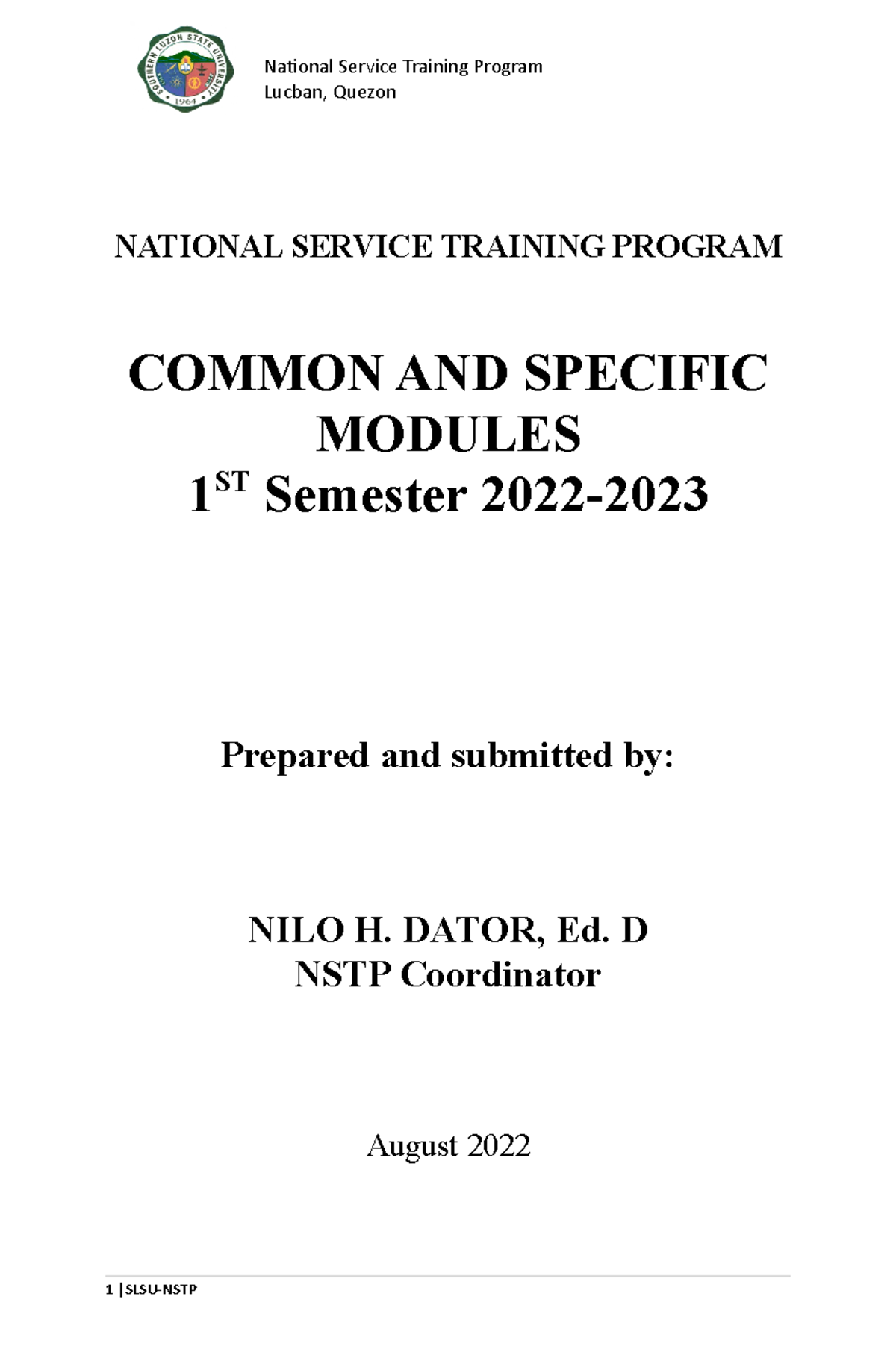 NSTP Module prelim UWU Lucban, Quezon NATIONAL SERVICE TRAINING