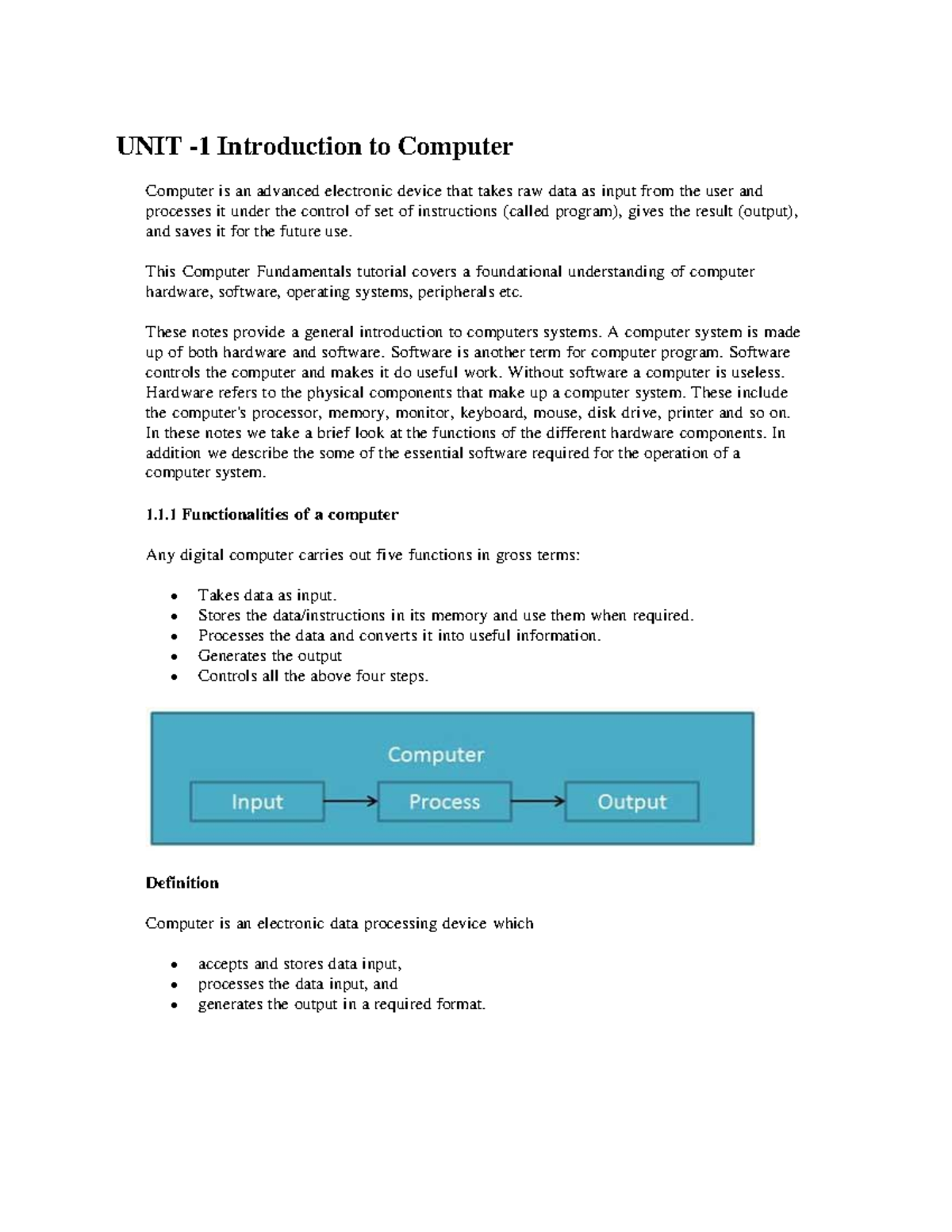 CAS - I- Study Material Notes - UNIT -1 Introduction to Computer ...