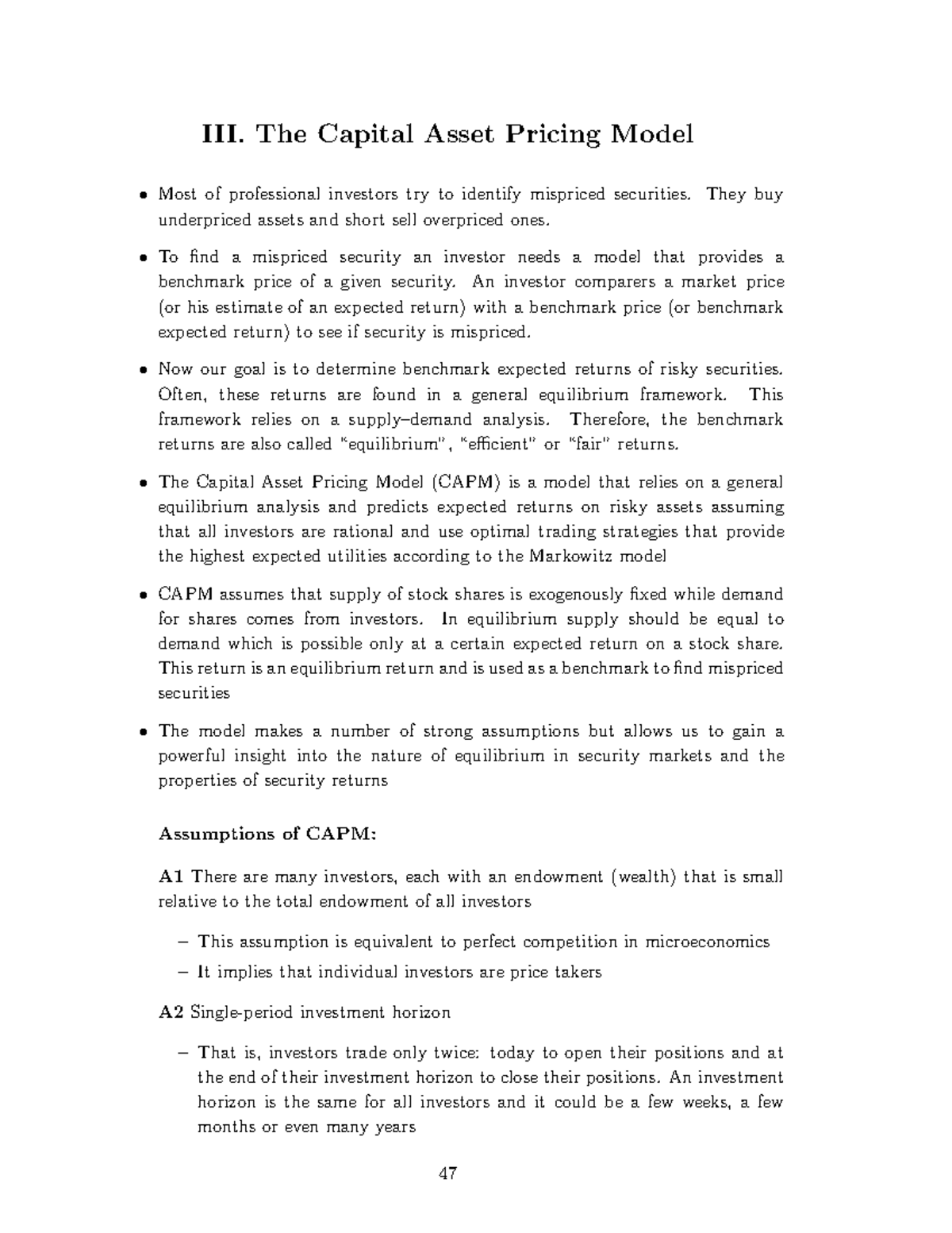 Topic 3 - Lecture notes - III. The Capital Asset Pricing Model Most of ...