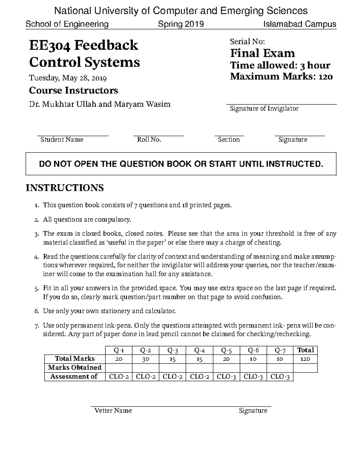 Feedback Control system final exam of 2019 solution School of