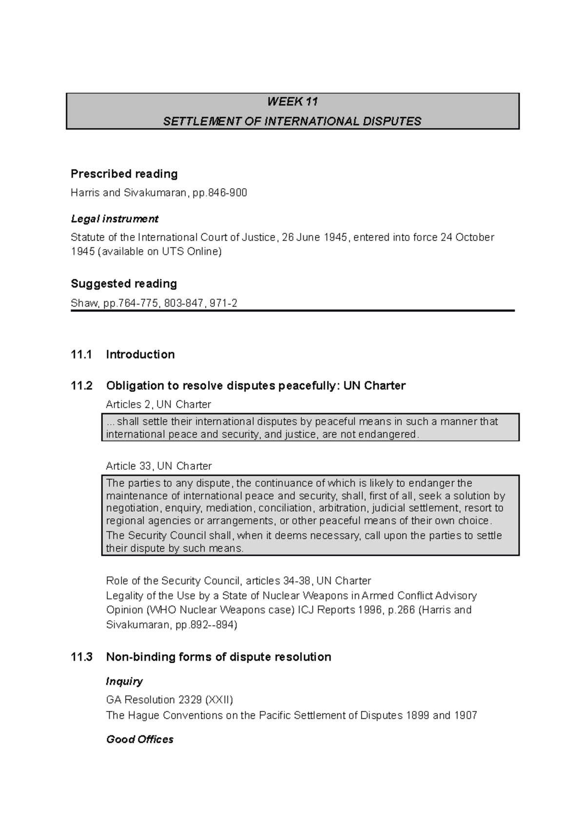 Week 11 Settlement of International Disputes - Detailed seminar guide ...