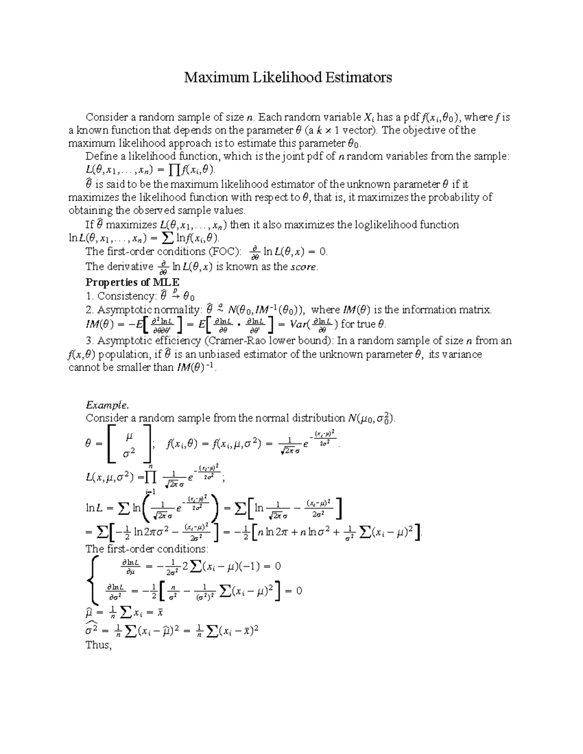 Mle2020 - N/A - Maximum Likelihood Estimators Consider a random sample ...