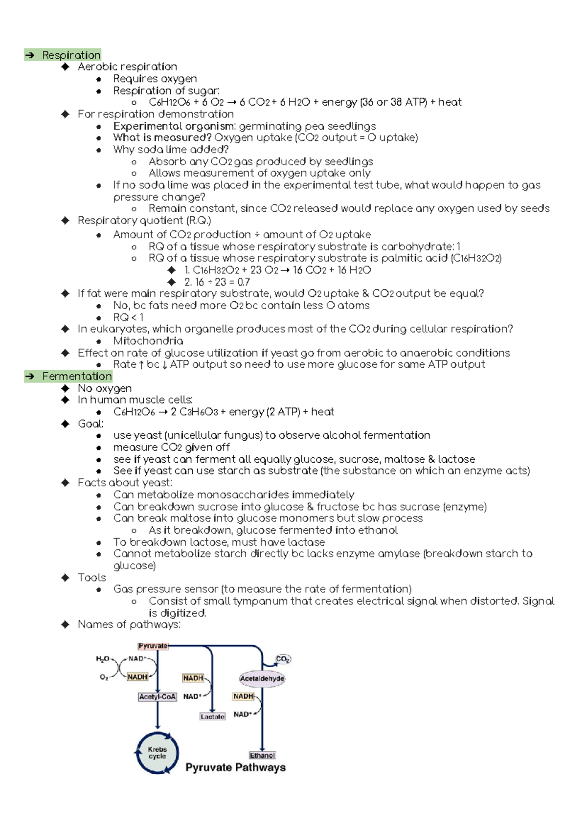Summary of content for lab test 2 - Respiration Aerobic respiration ...