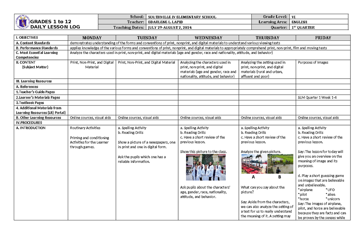 DLL English 6 Q1W1 - Lesson - GRADES 1 to 12 DAILY LESSON LOG School ...