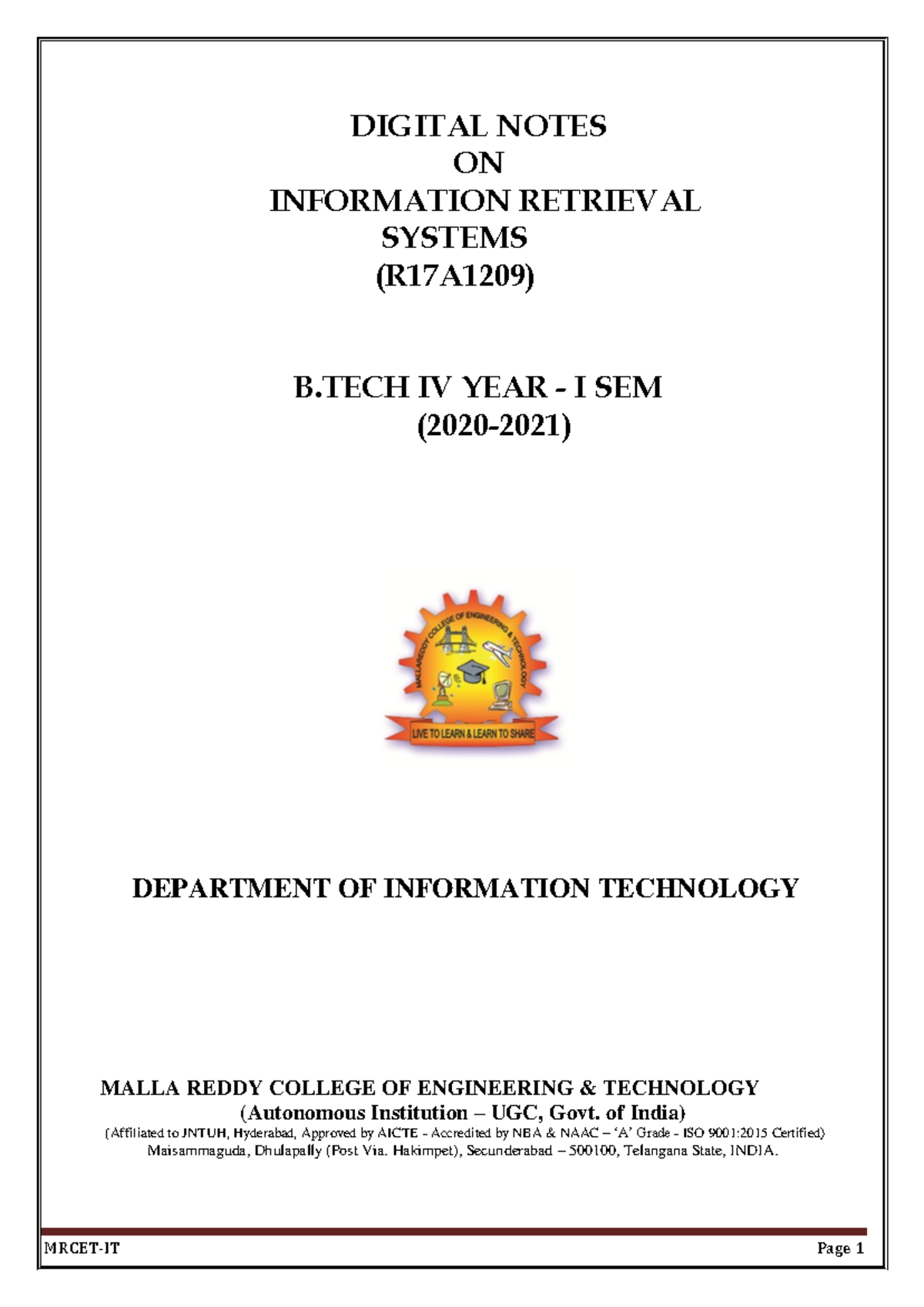 (R17A1209) Information Retrieval Systems - DIGITAL NOTES ON INFORMATION ...