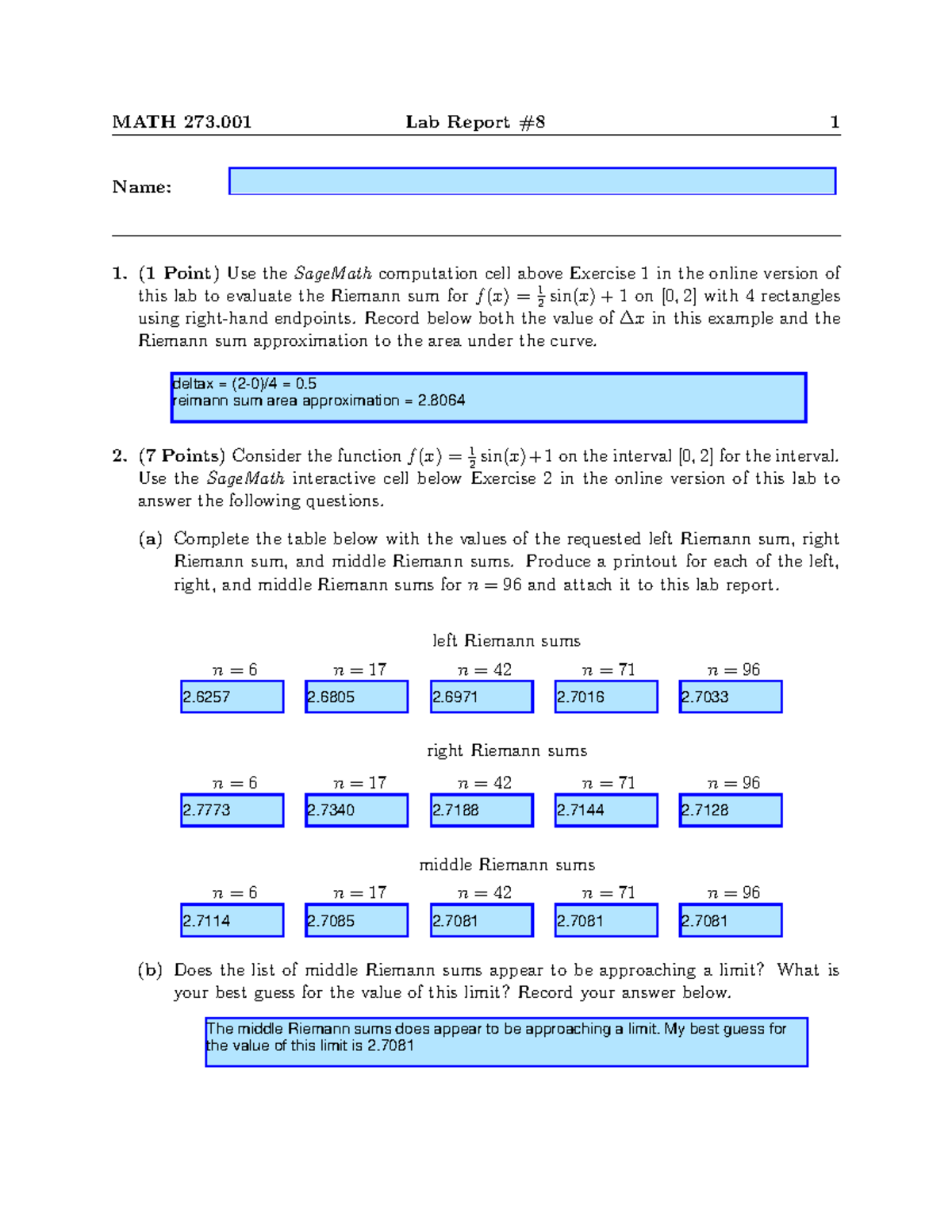 Lab8report Reimann Sums Lab 8 Assignment Math 273 Lab Report 8 1 Name 1 Point Use The