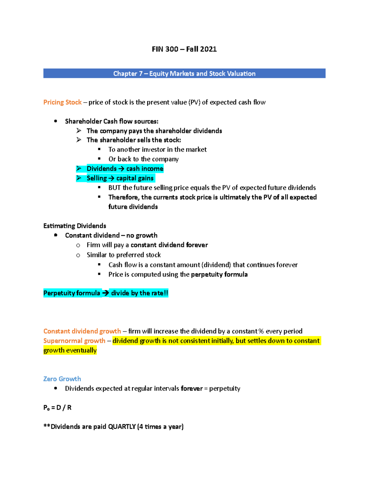 FIN 300 Chapter 7 Equity Markets - FIN 300 – Fall 2021 Chapter 7 ...