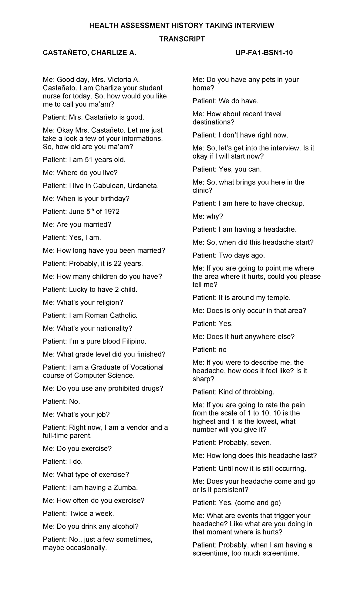 Transcript OF History Taking Interview - TRANSCRIPT CASTAÑETO, CHARLIZE ...