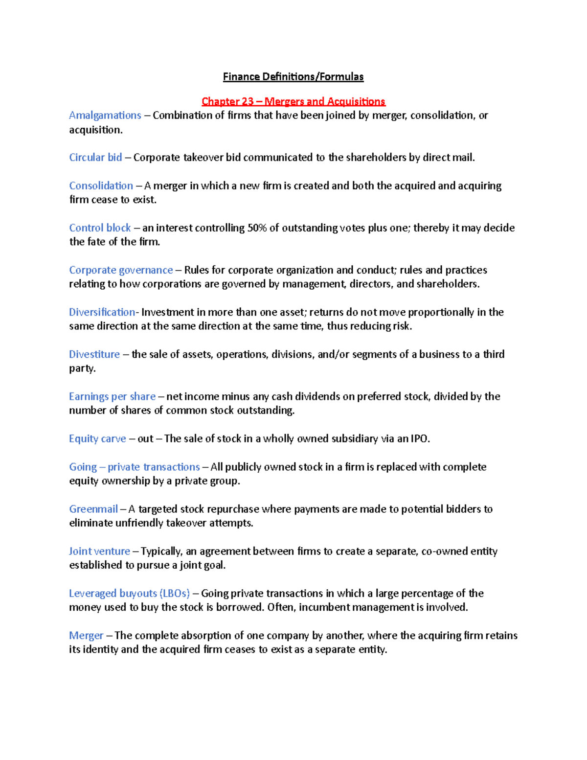 Finance Definitions - Finance Definitions/Formulas Chapter 23 – Mergers ...