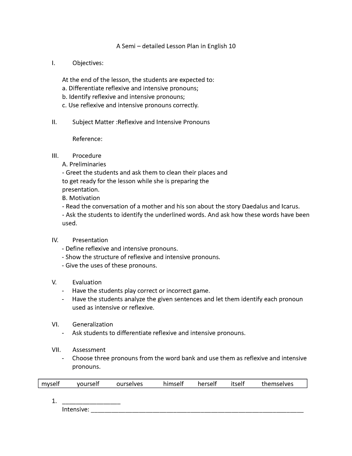 SEMI Detailed Intensive Reflexive Pronouns - A Semi – detailed Lesson ...