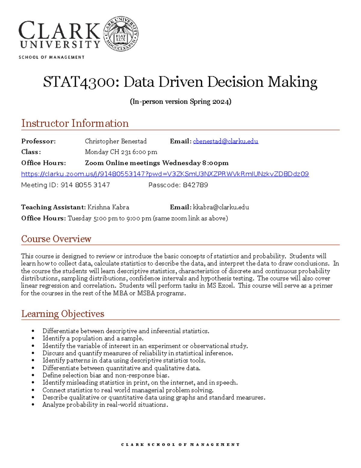 STAT 4300 Syllabus S24 - STAT4300: Data Driven Decision Making (In ...