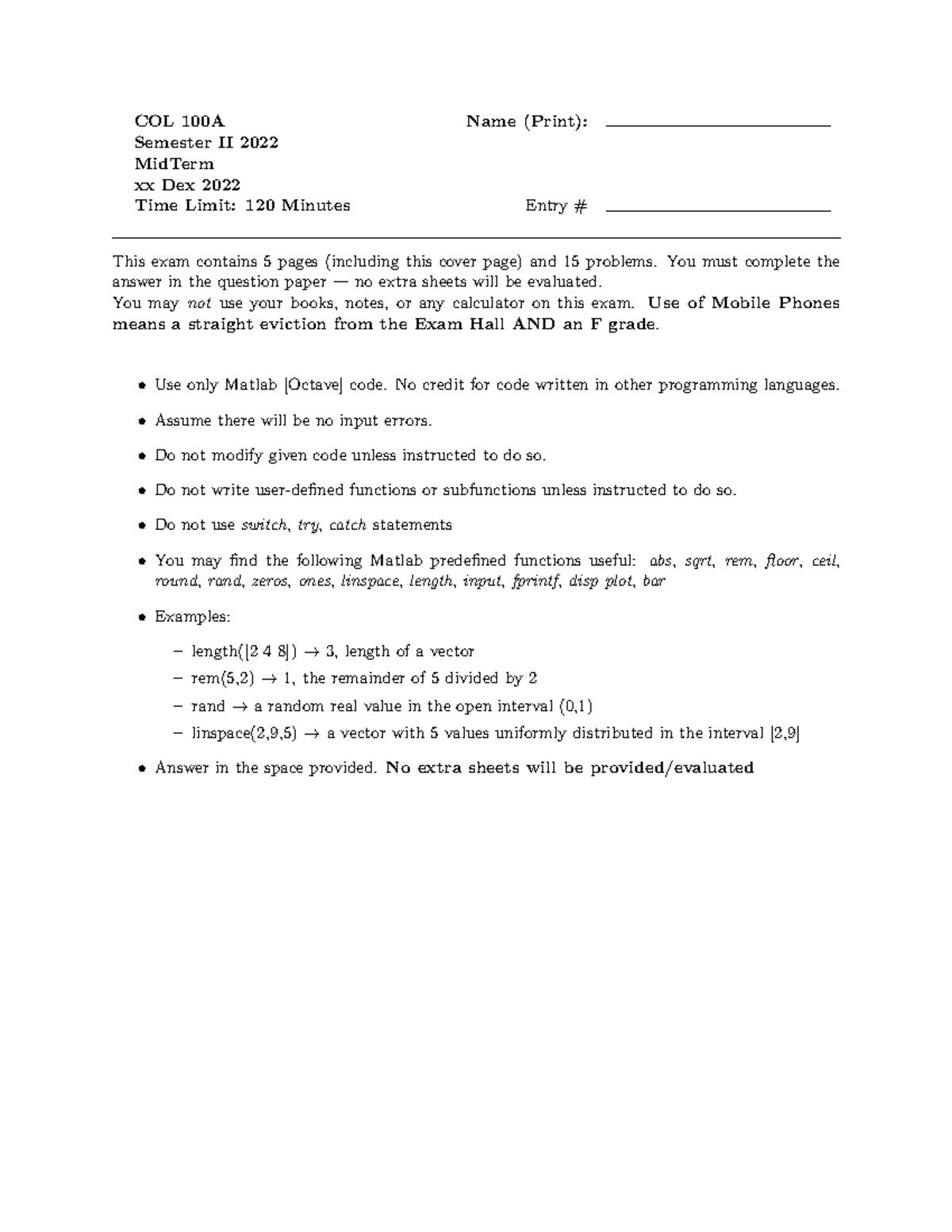 Mid Term Practice Paper - COL 100A Name (Print): Semester II 2022 ...