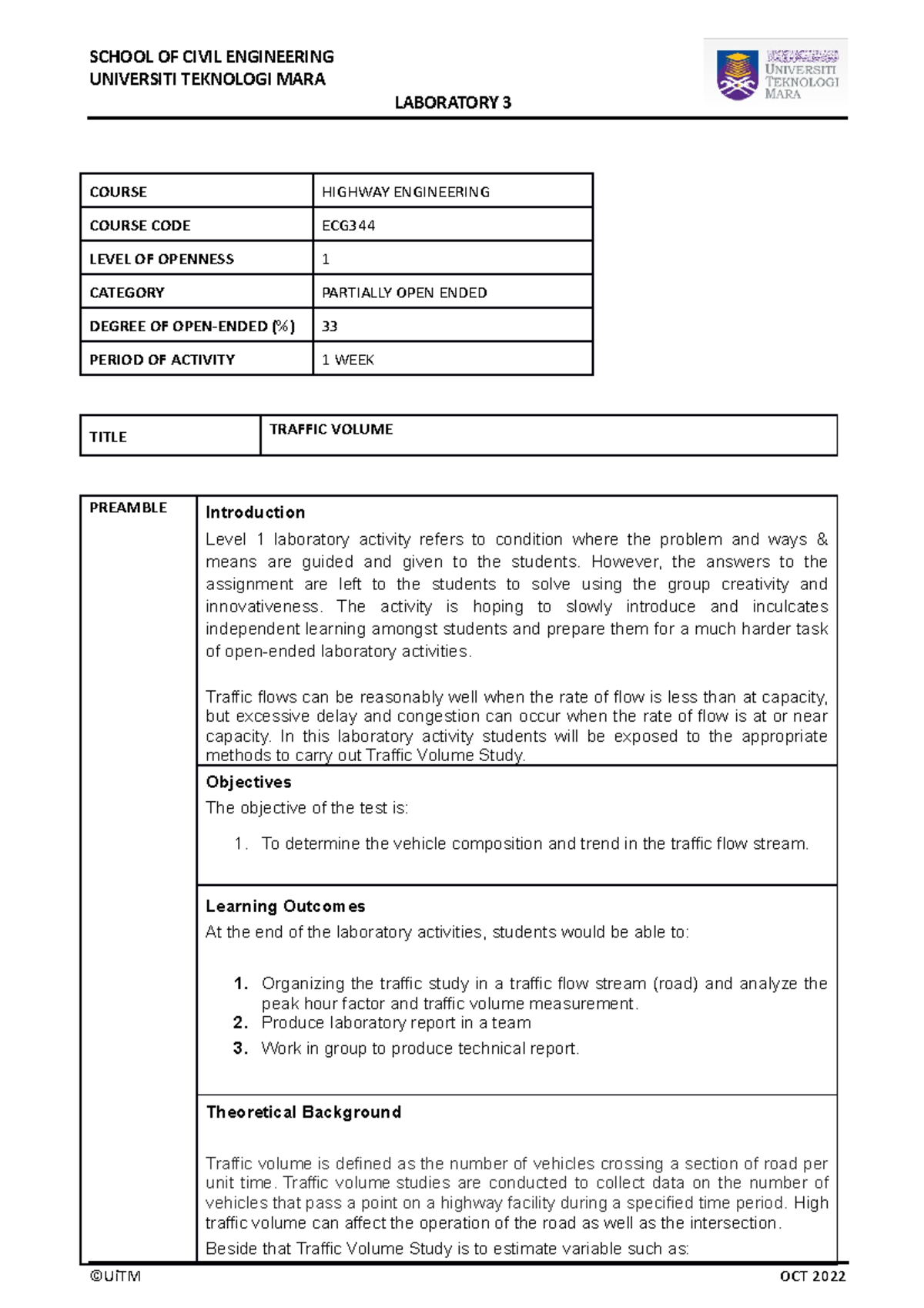 Lab 3 Traffic Volume Oel1 Universiti Teknologi Mara Laboratory 3