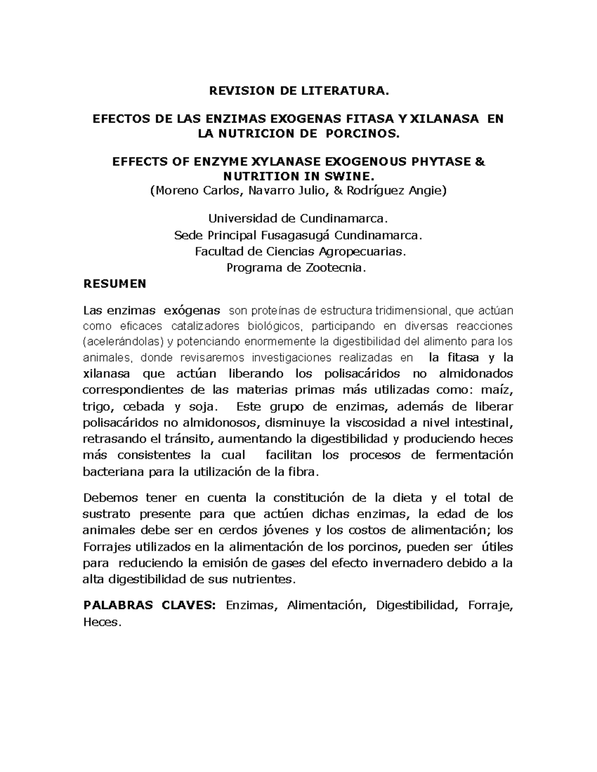 Enzima de fitasa y xilanasa REVISION DE LITERATURA. EFECTOS DE LAS