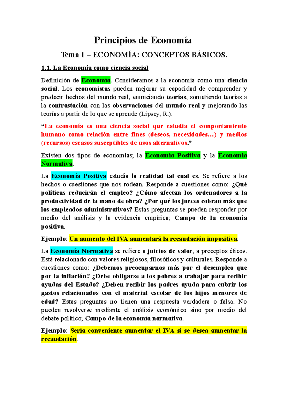 Economía Apuntes - Principios De Economía Tema 1 – ECONOMÍA: CONCEPTOS ...