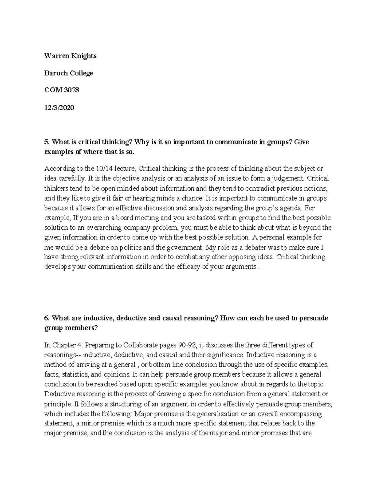 Warren Knights Final Exam Warren Knights Baruch College COM 3078 12/3