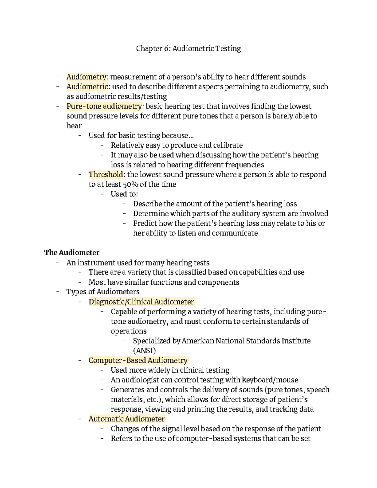 Chapter 6 7 Audiology Notes - Chapter 6: Audiometric Testing Audiometry ...