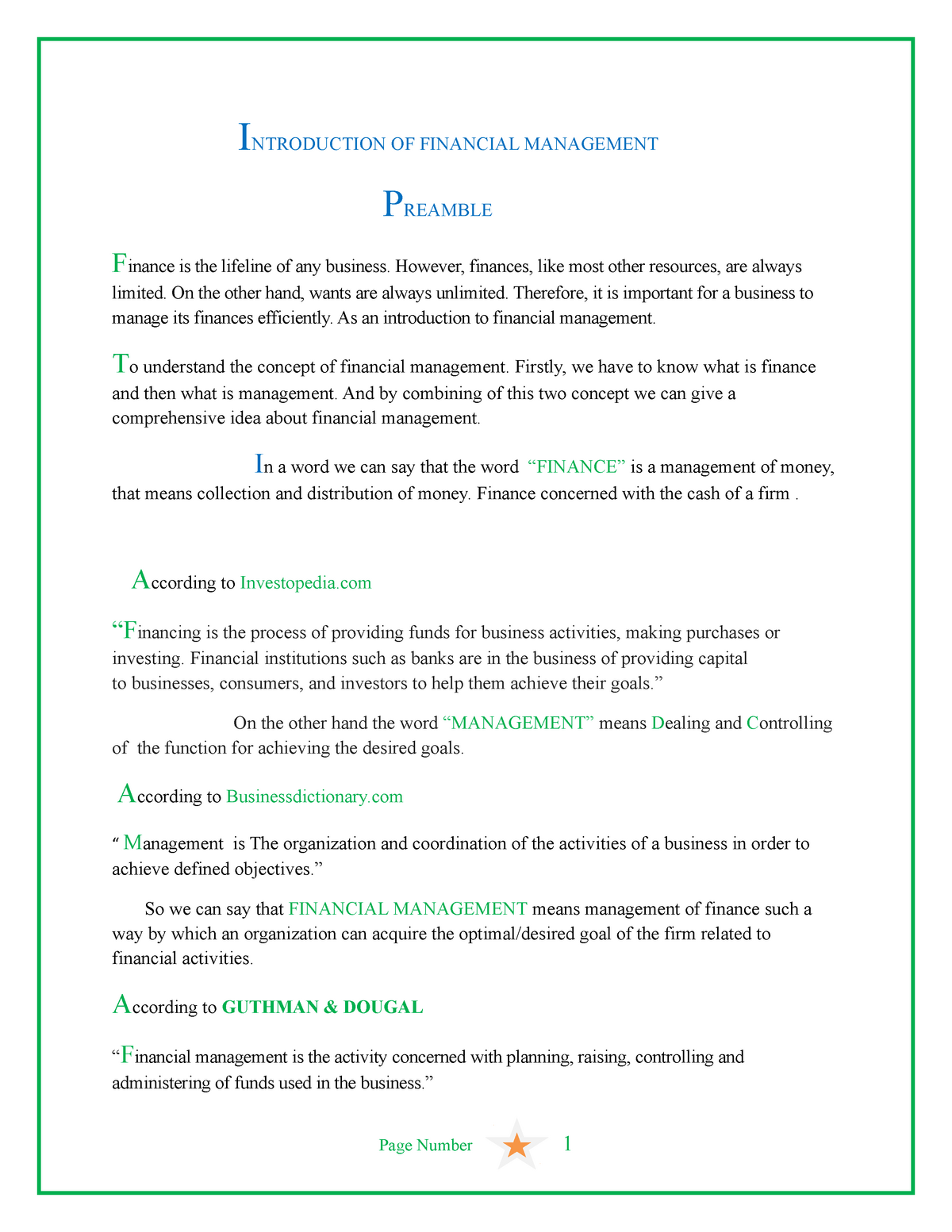 Financial Management - INTRODUCTION OF FINANCIAL MANAGEMENT PREAMBLE ...