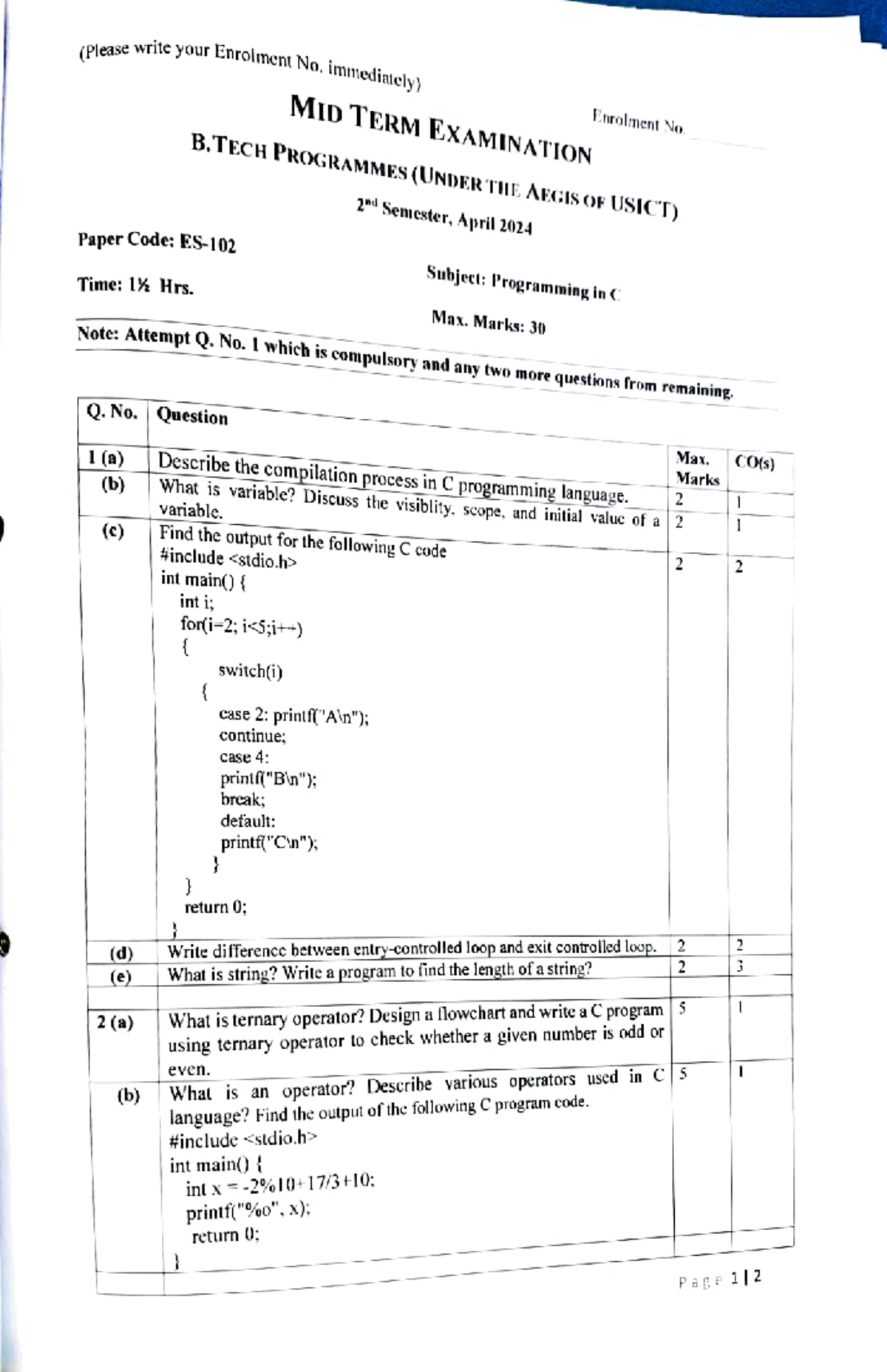 Question paper programmimg 1 - (Please write your Enrol1ment NNo ...